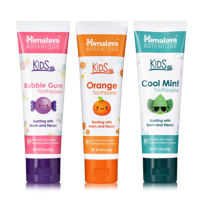 Himalaya Botanique Kids Toothpaste with Xylitol - Variety Pack (Bubble Gum, Orange & Cool Mint) Fluoride Free, Vegan, Gluten Free | 4 oz Pack of 3