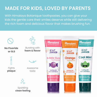Himalaya Botanique Kids Toothpaste with Xylitol - Variety Pack (Bubble Gum, Orange & Cool Mint) Fluoride Free, Vegan, Gluten Free | 4 oz Pack of 3