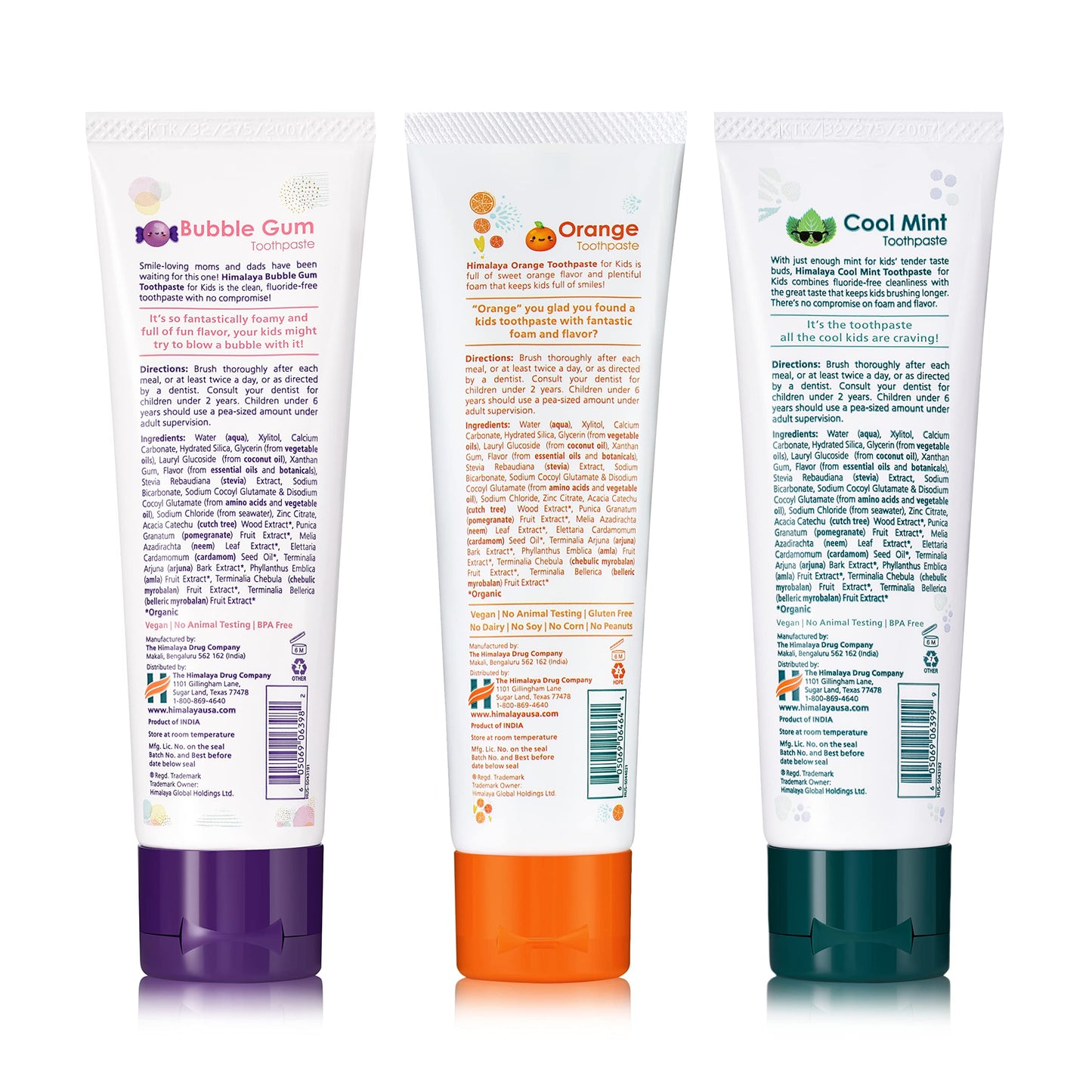 Himalaya Botanique Kids Toothpaste with Xylitol - Variety Pack (Bubble Gum, Orange & Cool Mint) Fluoride Free, Vegan, Gluten Free | 4 oz Pack of 3