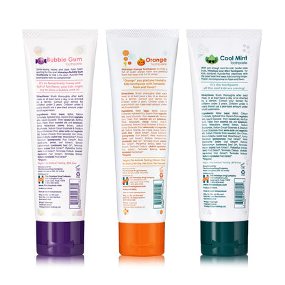 Himalaya Botanique Kids Toothpaste with Xylitol - Variety Pack (Bubble Gum, Orange & Cool Mint) Fluoride Free, Vegan, Gluten Free | 4 oz Pack of 3