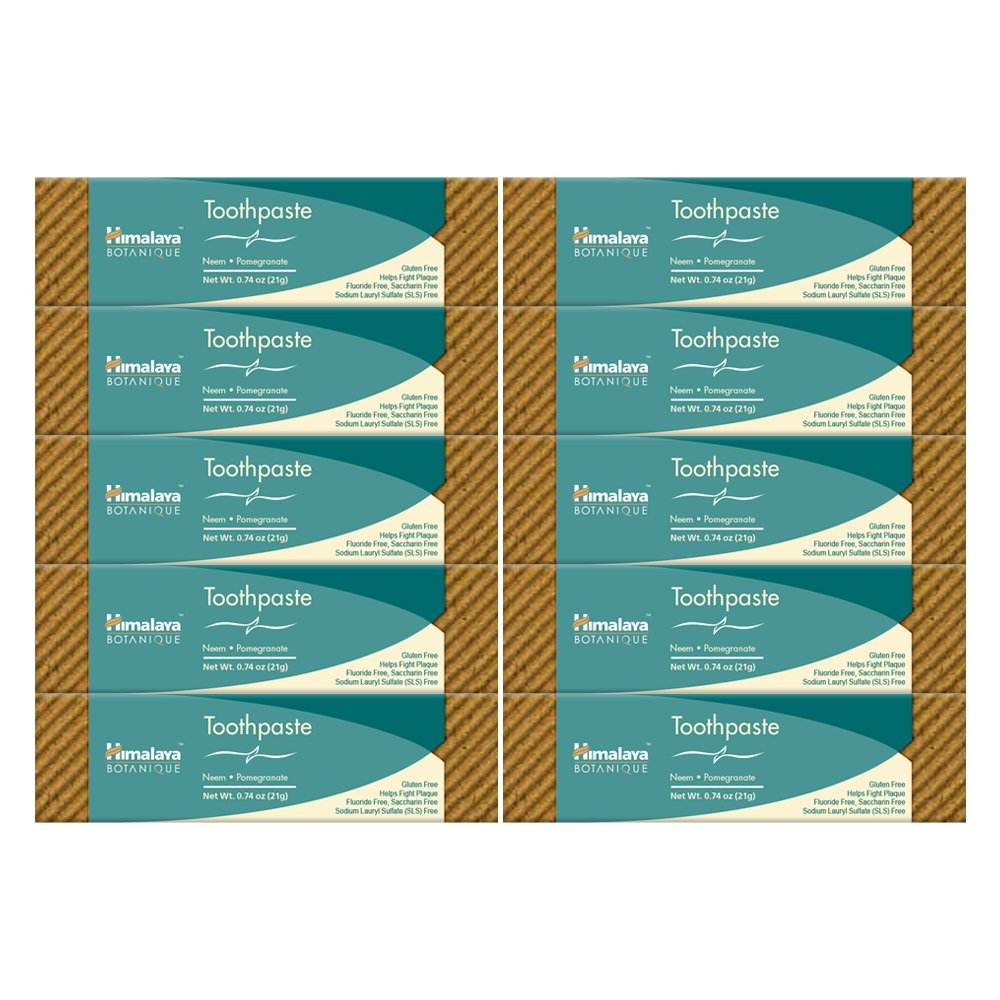 Himalaya Botanique Neem & Pomegranate Travel Toothpaste - Mint, Fluoride Free, 0.74 oz, Pack of 10