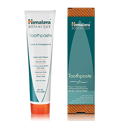 Himalaya Botanique Neem & Pomegranate Toothpaste — Fluoride Free, SLS Free, Vegan, Cruelty Free, Mint Flavor, 5.29 oz, 4 Pack