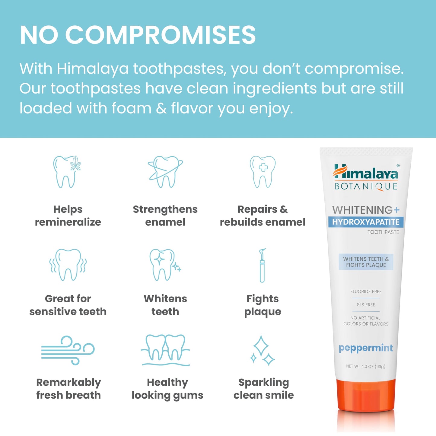 Himalaya Botanique Whitening + Hydroxyapatite Toothpaste – Peppermint, Nano Hydroxyapatite for Remineralization & Enamel Support | Gluten Free, 4 oz, 2-Pack