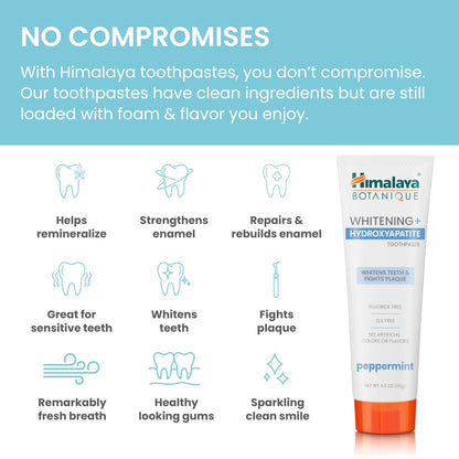 Himalaya Botanique Whitening + Hydroxyapatite Toothpaste – Peppermint, Nano Hydroxyapatite for Remineralization & Enamel Support | Gluten Free, 4 oz, 2-Pack