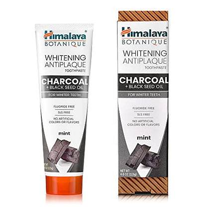 Himalaya Botanique Whitening Antiplaque Toothpaste – Charcoal & Black Seed Oil, Fluoride Free, 4 oz, 2 Pack
