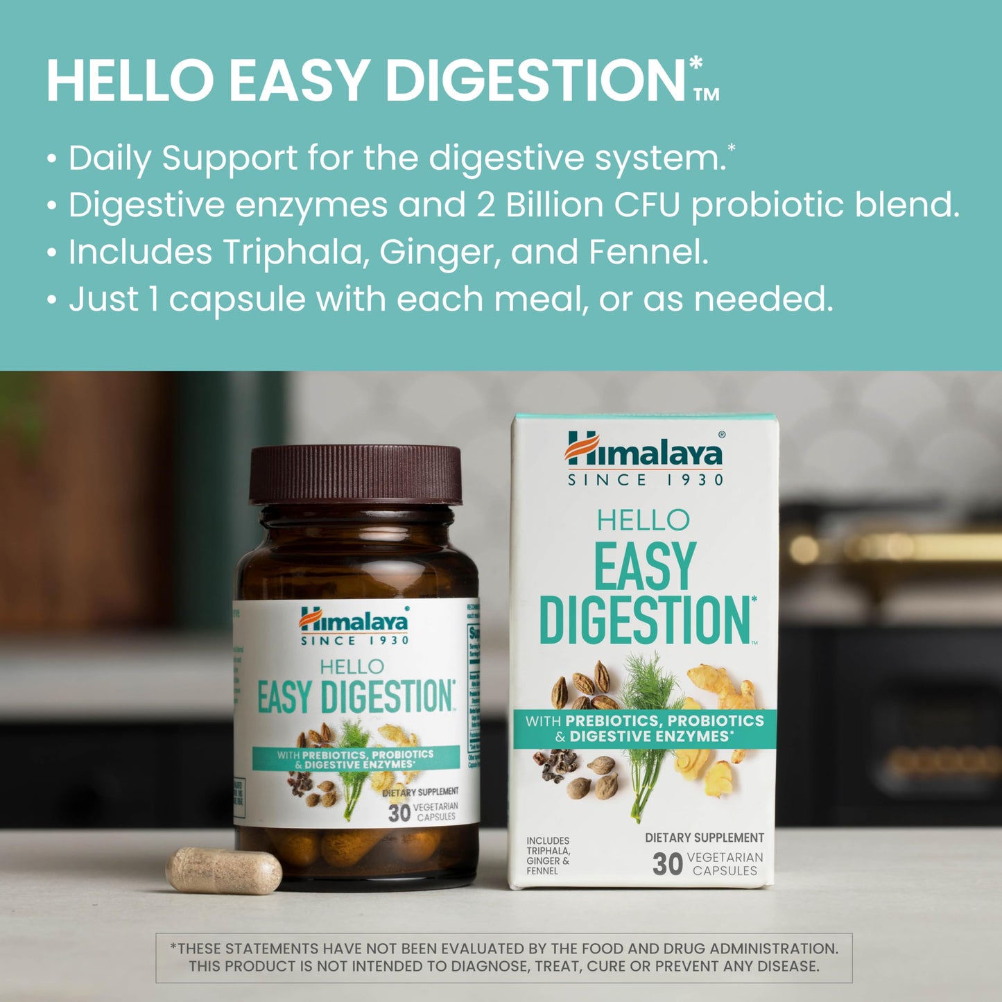 Himalaya Hello Easy Digestion - Digestive Enzymes, 2 Billion CFU Probiotics + Prebiotics, Ginger, Fennel & Triphala, 30 Veg Capsules
