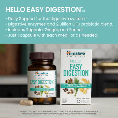 Himalaya Hello Easy Digestion - Digestive Enzymes, 2 Billion CFU Probiotics + Prebiotics, Ginger, Fennel & Triphala, 30 Veg Capsules