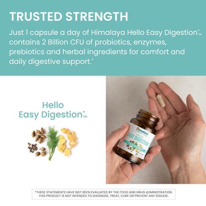 Himalaya Hello Easy Digestion - Digestive Enzymes, 2 Billion CFU Probiotics + Prebiotics, Ginger, Fennel & Triphala, 30 Veg Capsules