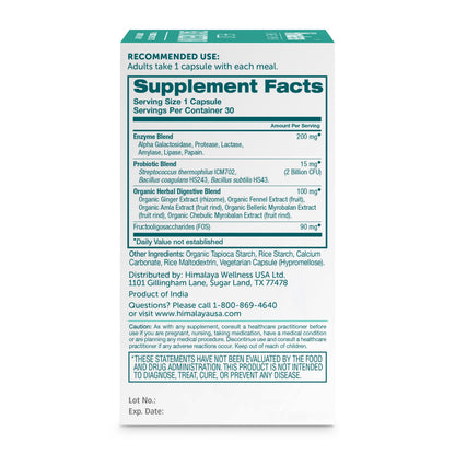 Himalaya Hello Easy Digestion - Digestive Enzymes, 2 Billion CFU Probiotics + Prebiotics, Ginger, Fennel & Triphala, 30 Veg Capsules