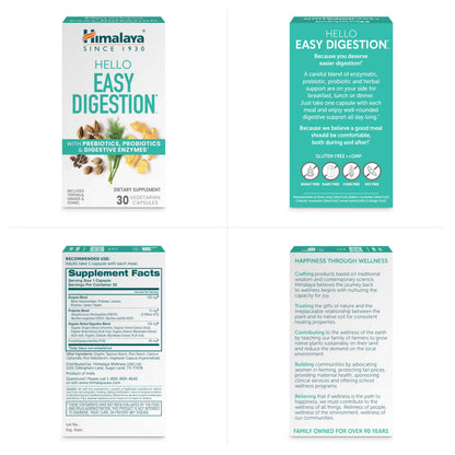Himalaya Hello Easy Digestion - Digestive Enzymes, 2 Billion CFU Probiotics + Prebiotics, Ginger, Fennel & Triphala, 30 Veg Capsules