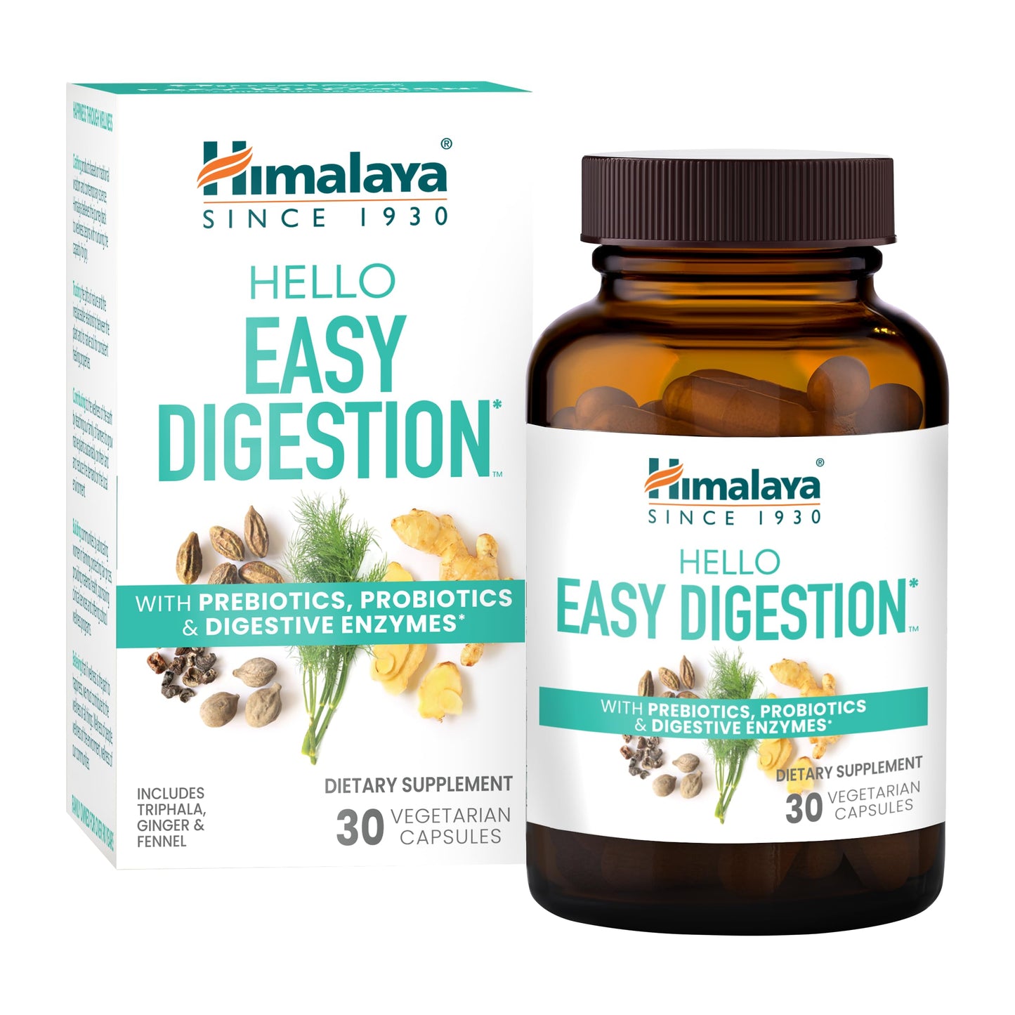 Himalaya Hello Easy Digestion - Digestive Enzymes, 2 Billion CFU Probiotics + Prebiotics, Ginger, Fennel & Triphala, 30 Veg Capsules