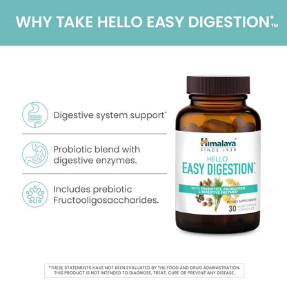 Himalaya Hello Easy Digestion - Digestive Enzymes, 2 Billion CFU Probiotics + Prebiotics, Ginger, Fennel & Triphala, 30 Veg Capsules