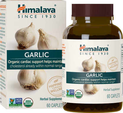 Himalaya Organic Garlic 1,400 mg | Lipid Metabolism & Immune Support | 60 Caplets (1 Month Supply, 2 Pack)