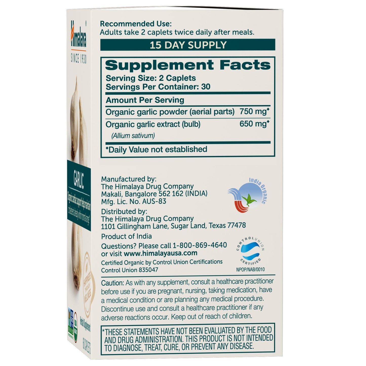 Himalaya Organic Garlic 1,400 mg | Lipid Metabolism & Immune Support | 60 Caplets (1 Month Supply, 2 Pack)