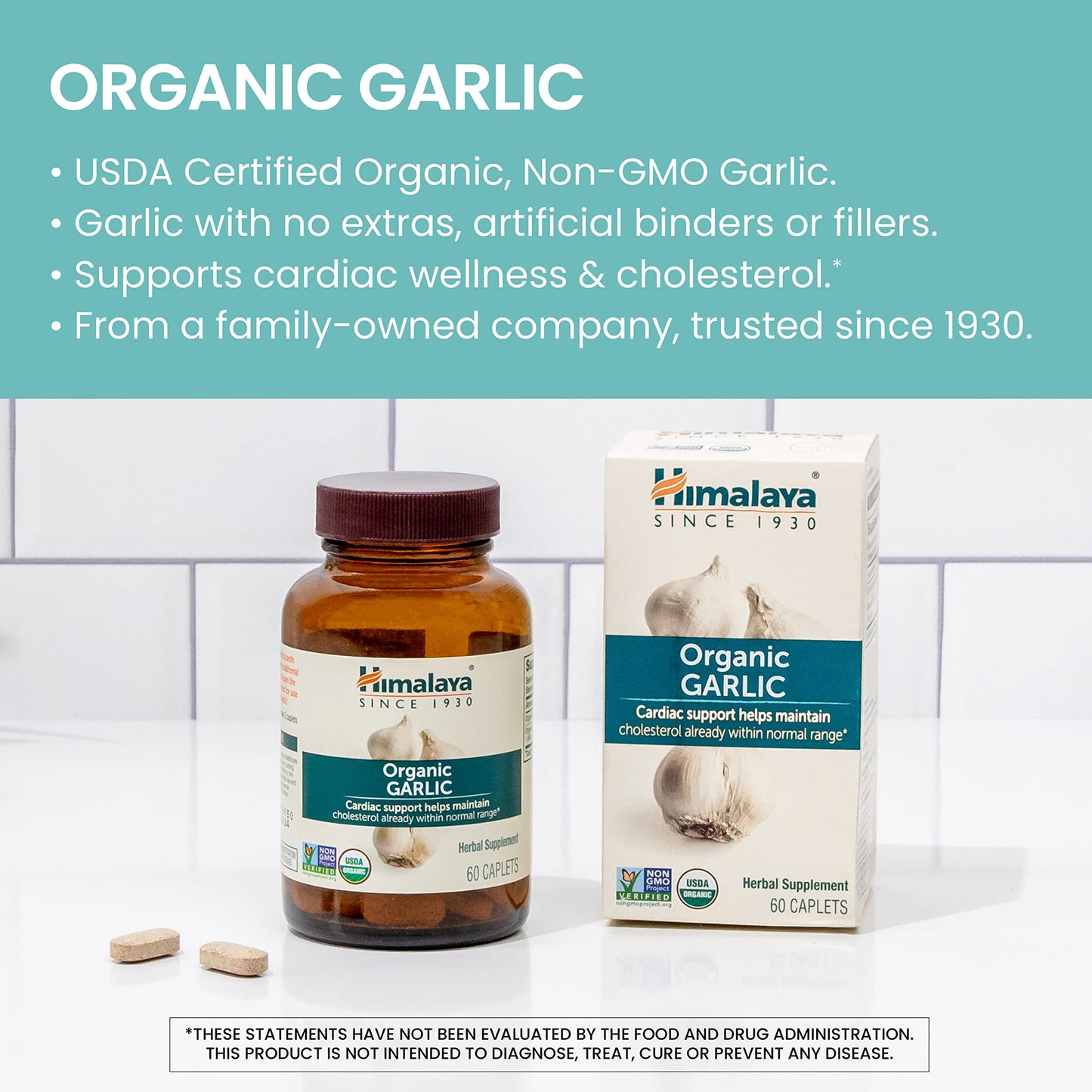 Himalaya Organic Garlic 1,400 mg | Lipid Metabolism & Immune Support | 60 Caplets (1 Month Supply, 2 Pack)