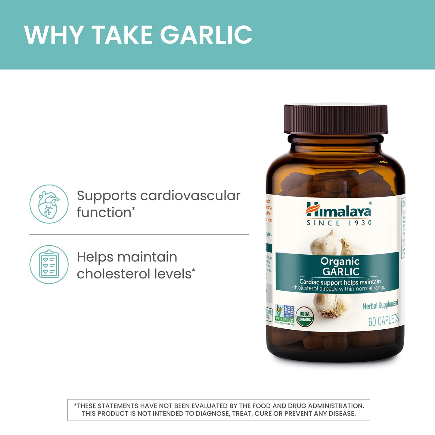 Himalaya Organic Garlic 1,400 mg | Lipid Metabolism & Immune Support | 60 Caplets (1 Month Supply, 2 Pack)