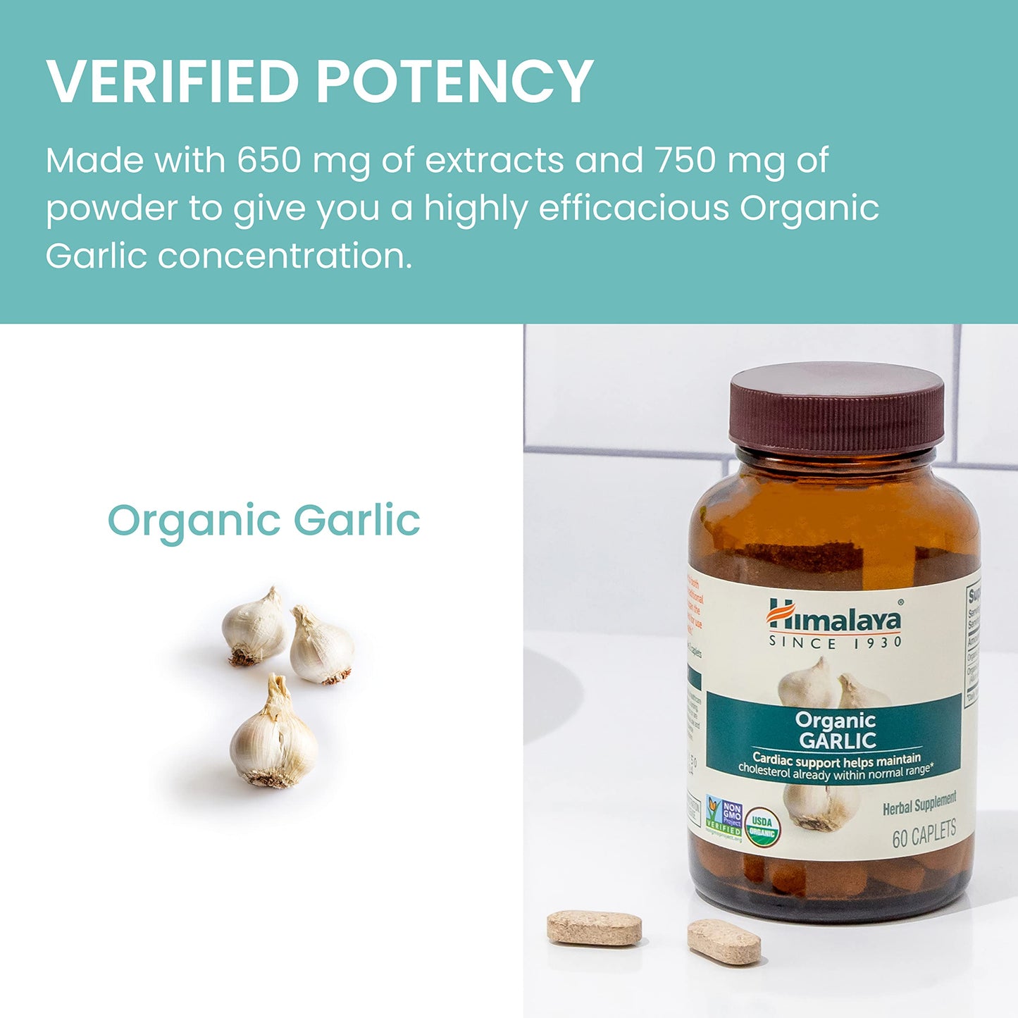 Himalaya Organic Garlic 1,400 mg | Lipid Metabolism & Immune Support | 60 Caplets (1 Month Supply, 2 Pack)