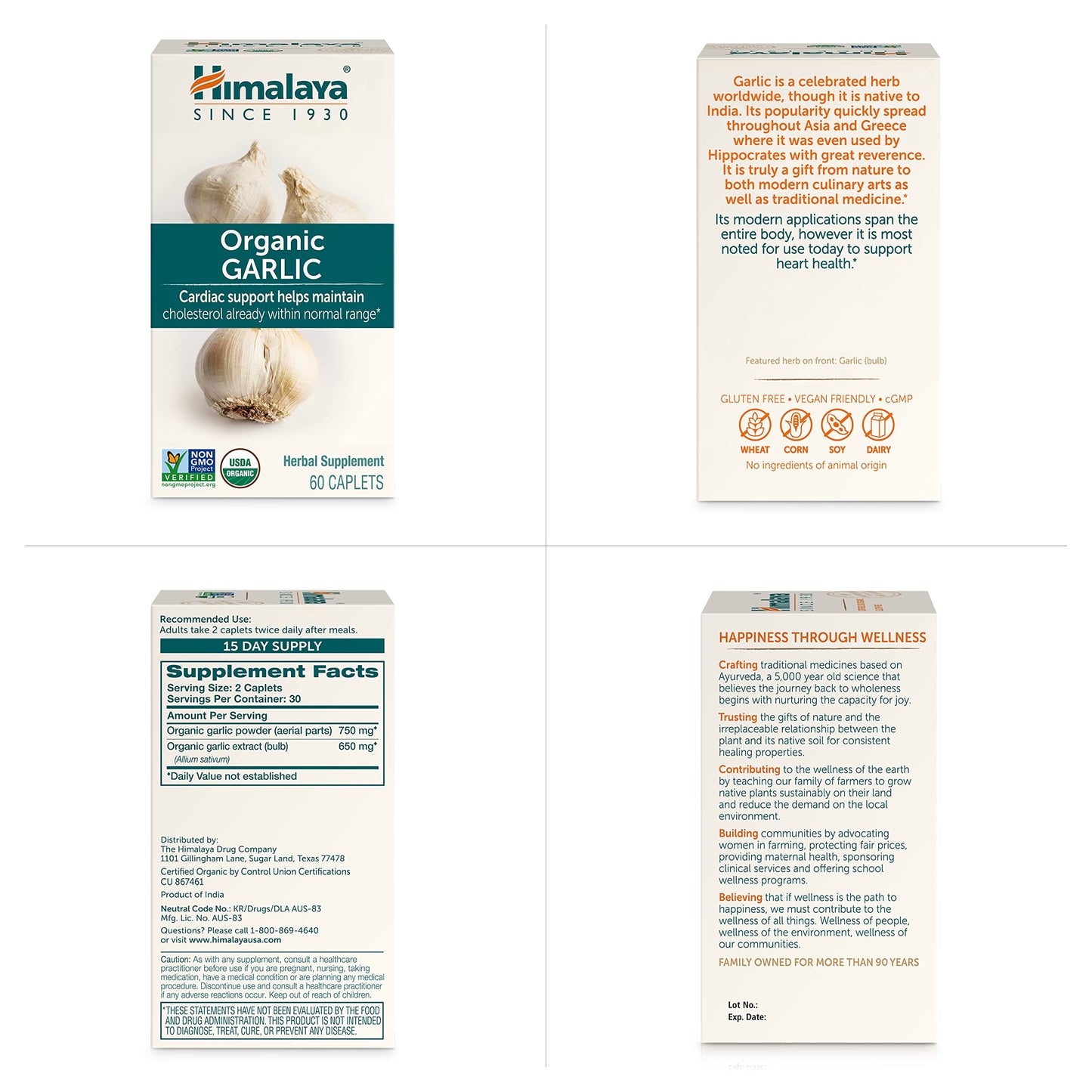 Himalaya Organic Garlic 1,400 mg | Lipid Metabolism & Immune Support | 60 Caplets (1 Month Supply, 2 Pack)
