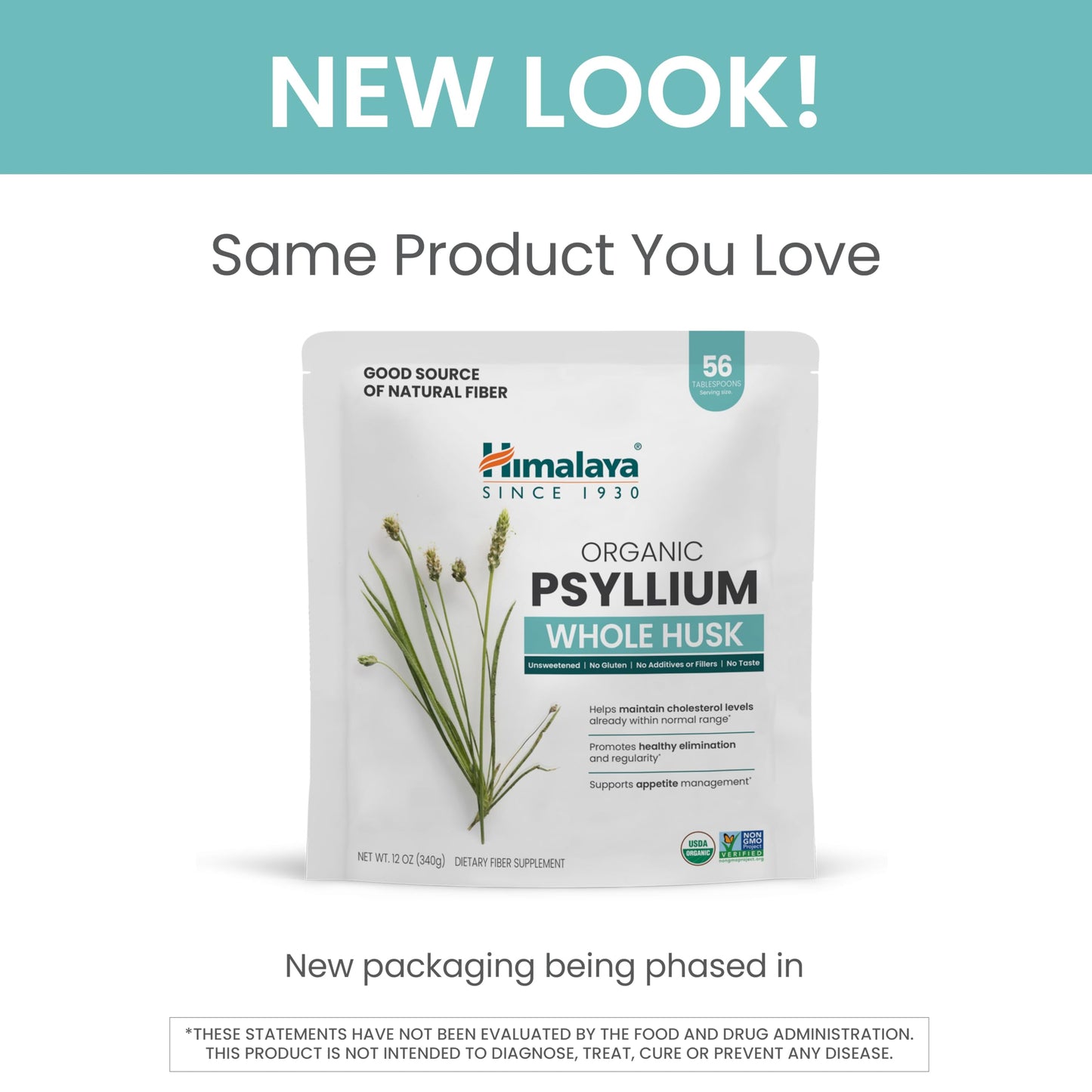 Himalaya Organic Psyllium Whole Husk - Daily Fiber, 12 oz (USDA Organic, Non-GMO)