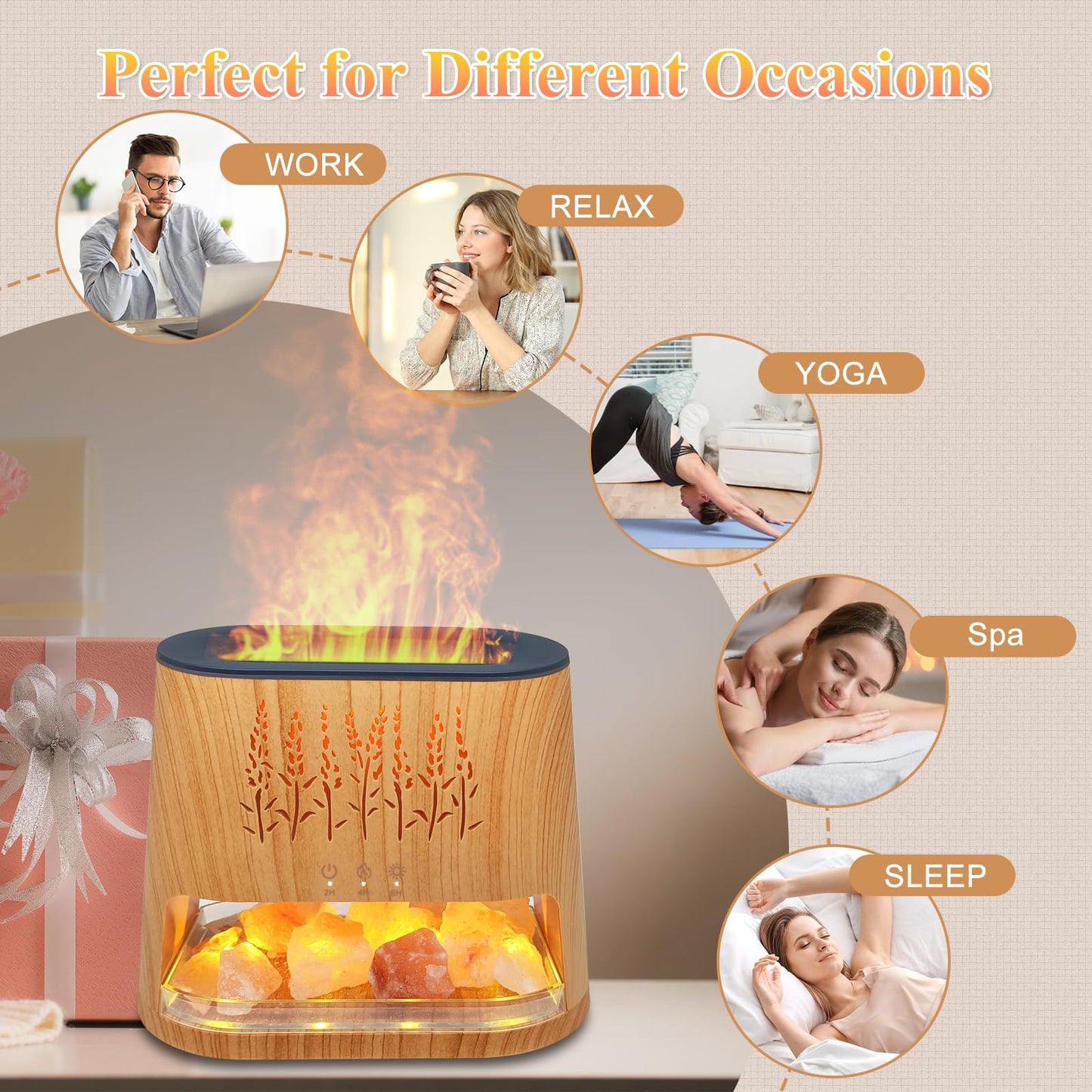 Fireplace Flame Diffuser & Himalayan Salt Lamp – 8 Colors, Aromatherapy, Auto-Off Timer