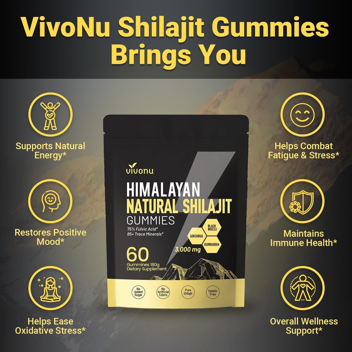 Himalayan Shilajit Gummies with Ashwagandha & Gokshura | 85+ Trace Minerals & Fulvic Acid | Organic, Non-GMO