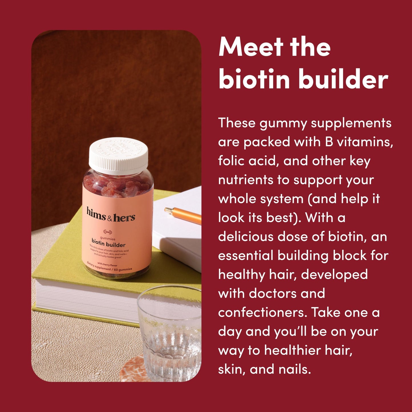 Hims & Hers Biotin Builder Gummies with B12, B6 & D – Gluten Free, Wild Cherry 60 Count