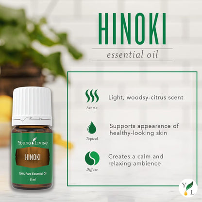 Young Living Hinoki Essential Oil 5 ml | Refreshing & Calming Ambiance for Work, Study, Meditation