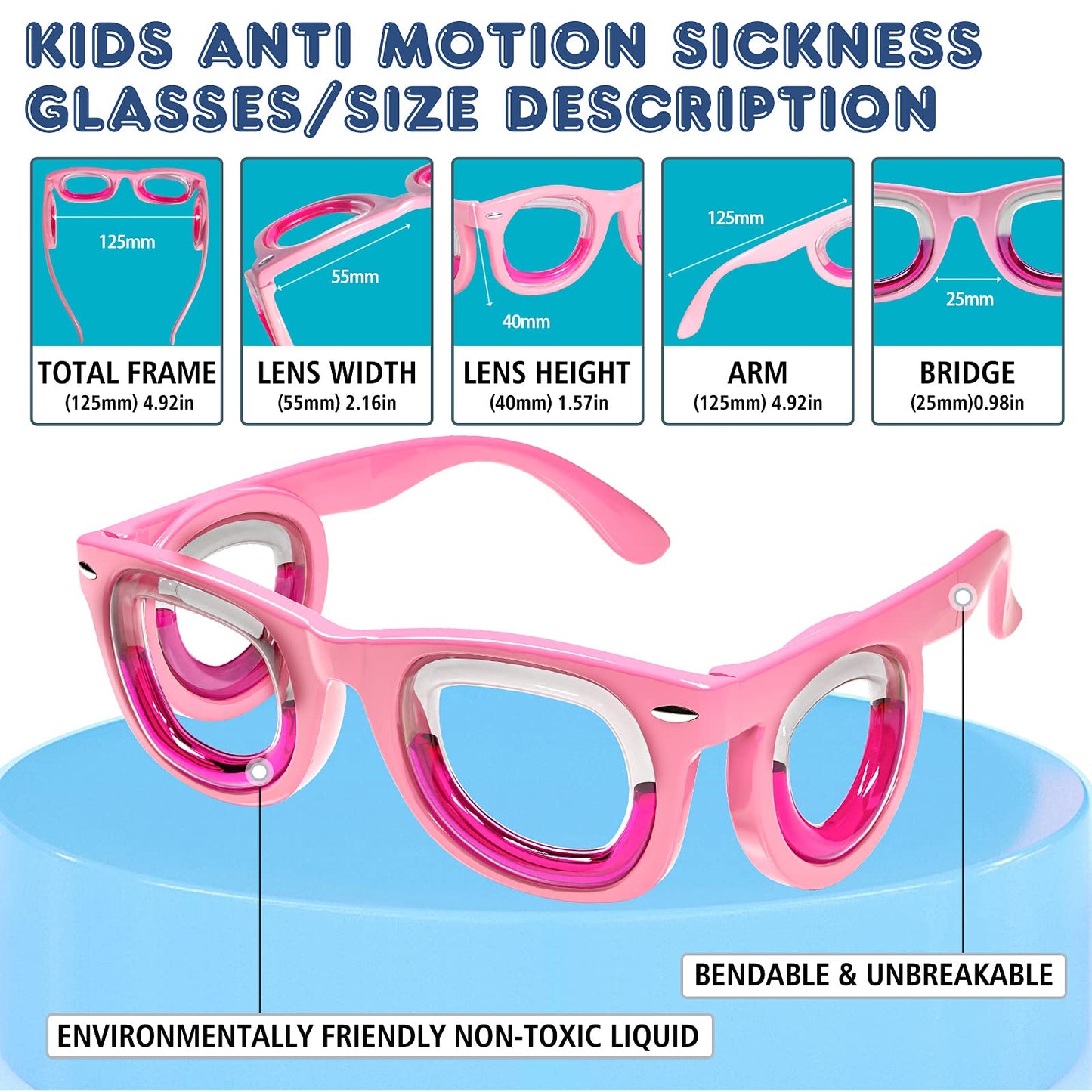 Hion Kids Anti-Motion Sickness Smart Glasses (Ages 3–8) – Ultra-Light Pink Travel Glasses