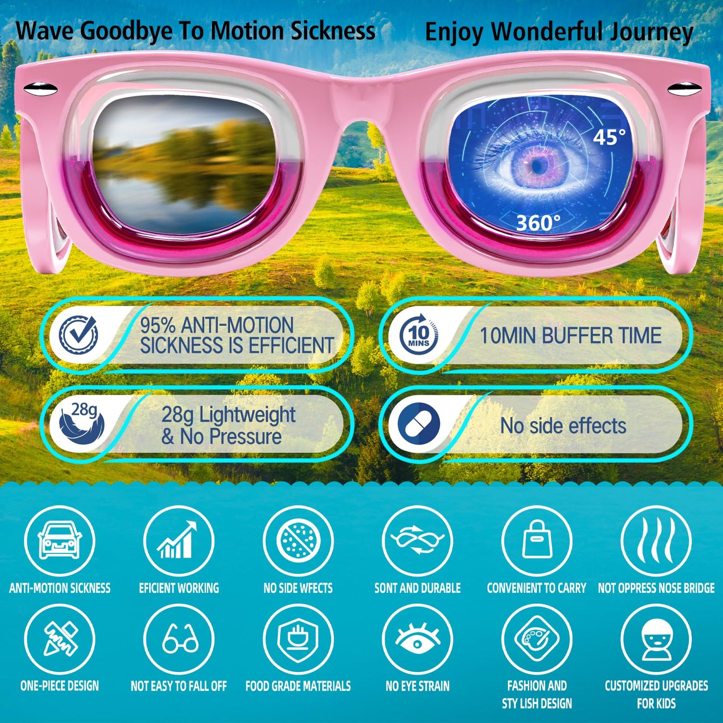 Hion Kids Anti-Motion Sickness Smart Glasses (Ages 3–8) – Ultra-Light Pink Travel Glasses