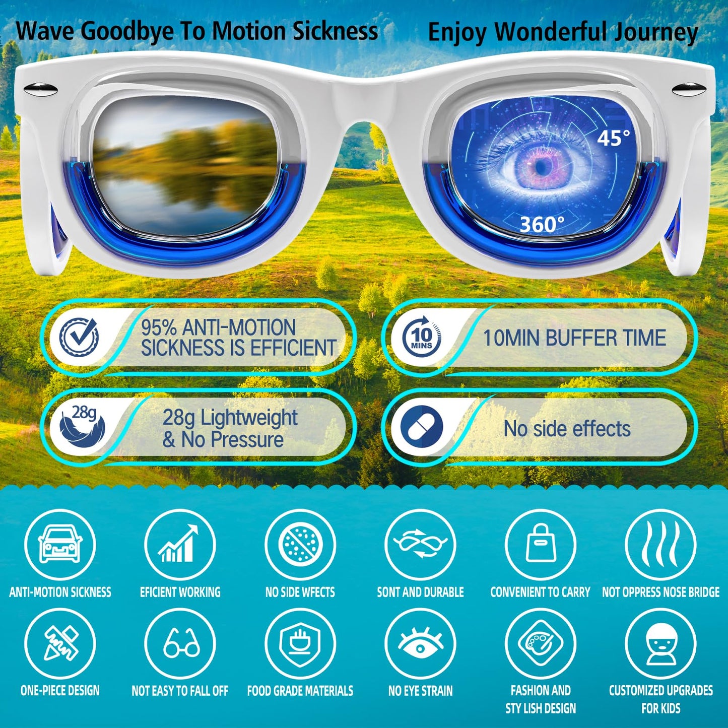 Hion Kids Anti-Motion Sickness Smart Glasses (3-8 Years) – Ultra-Light Travel Glasses for Nausea Relief (White)