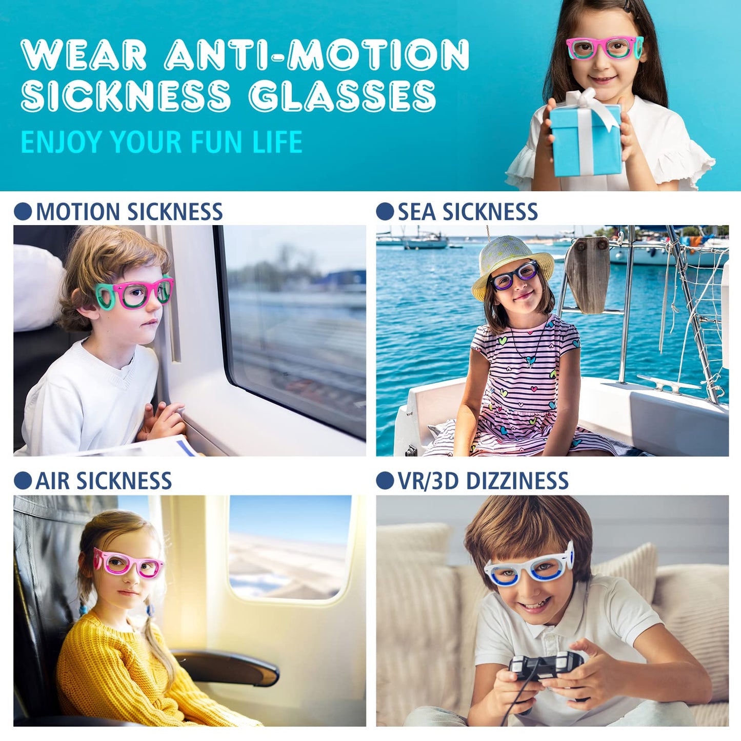 Hion Kids Anti-Motion Sickness Smart Glasses – Ultra-Light Travel Glasses for 3-8 Year Olds (White)