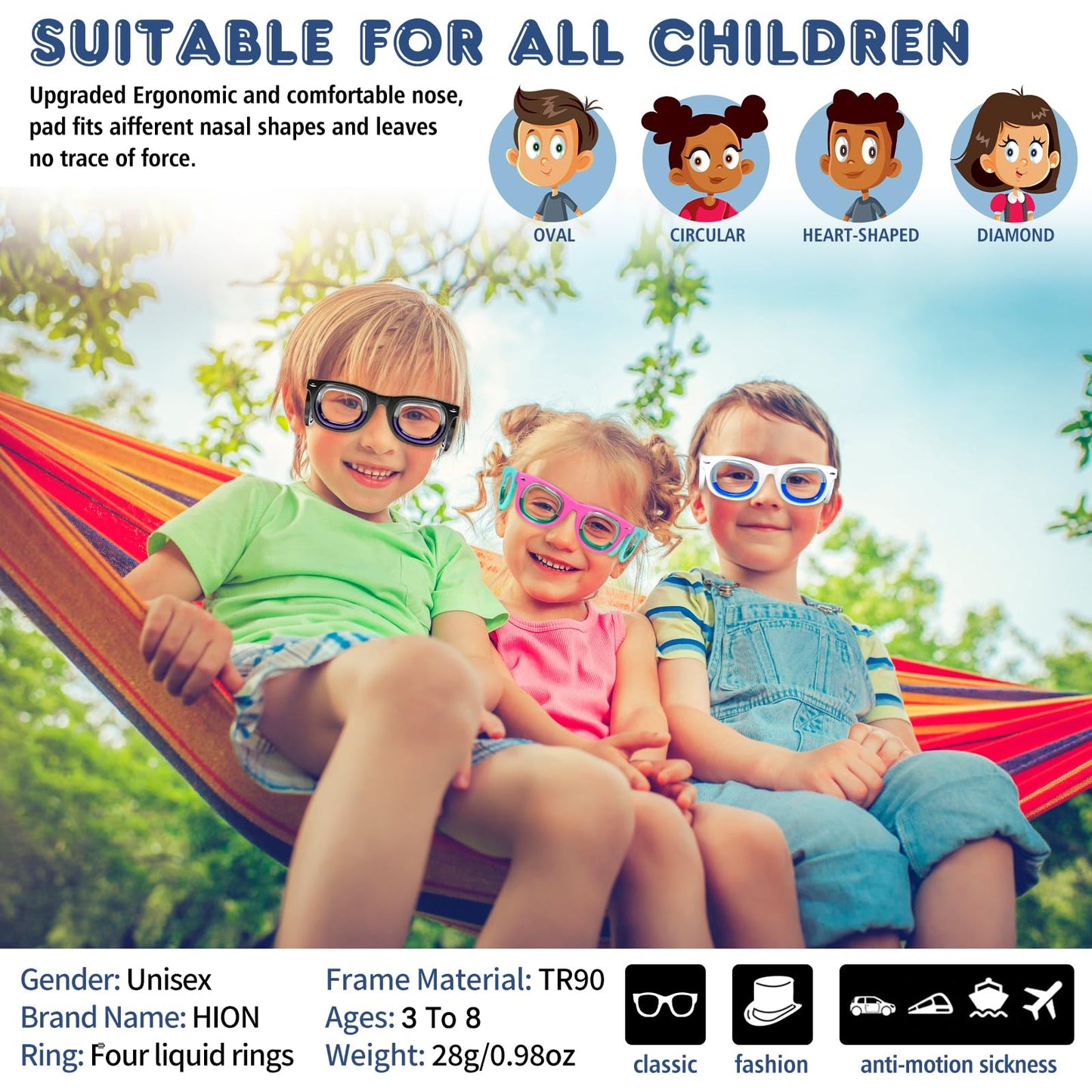 Hion Kids Anti-Motion Sickness Smart Glasses – Ultra-Light Travel Eyewear (2 Pairs) for Ages 3–8