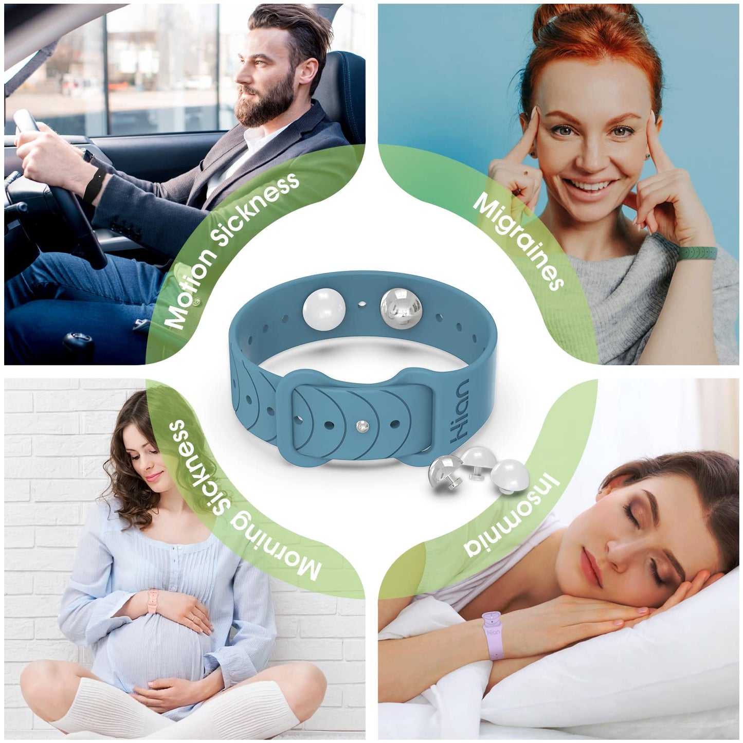 Hion Motion Sickness Bands – Anti-Nausea Acupressure Wristbands (2 Pairs, Pine Green)