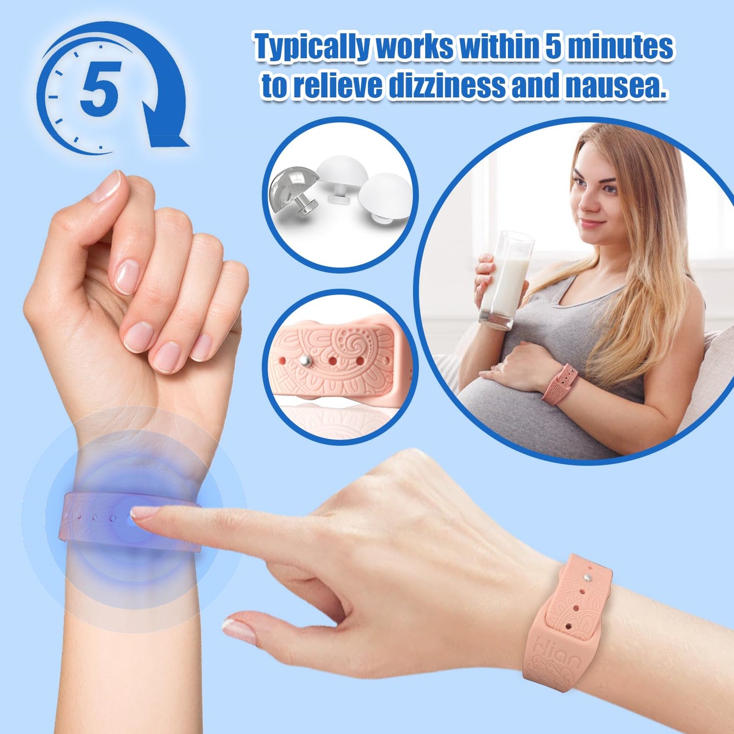 Hion Motion Sickness Bracelets – 3-Pair Sea Sickness Wristbands (Beryl) for Nausea Relief
