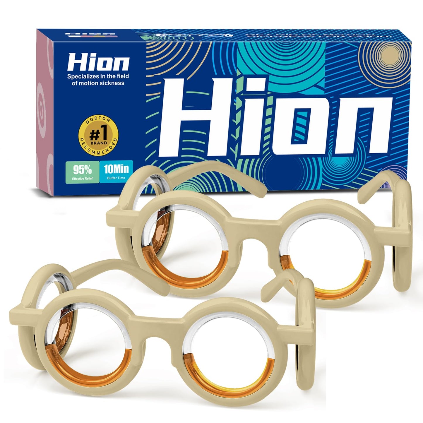 Hion Motion Sickness Glasses – Ultra-Light No-Lens Liquid Glasses for Cars, Seas & Air Travel (Cream, 2 Pairs)