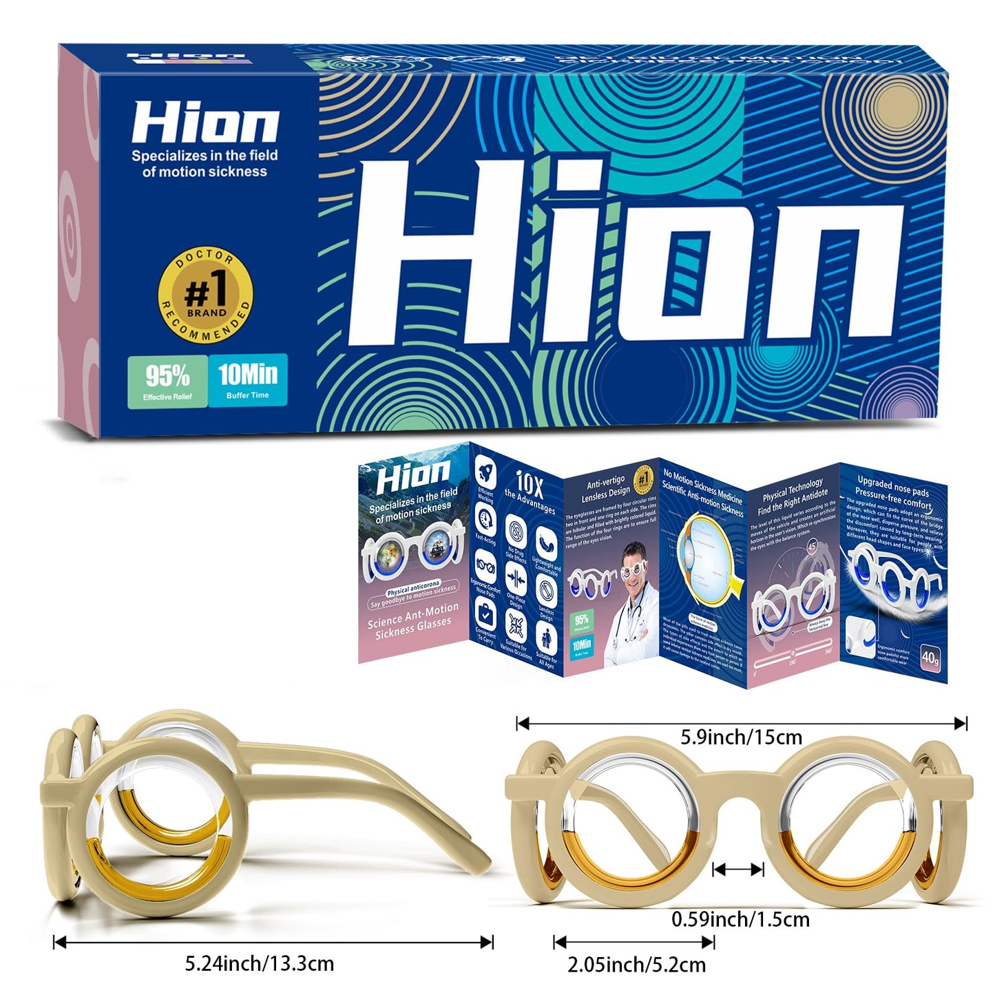 Hion Motion Sickness Glasses – Ultra-Light No-Lens Liquid Glasses for Cars, Seas & Air Travel (Cream, 2 Pairs)