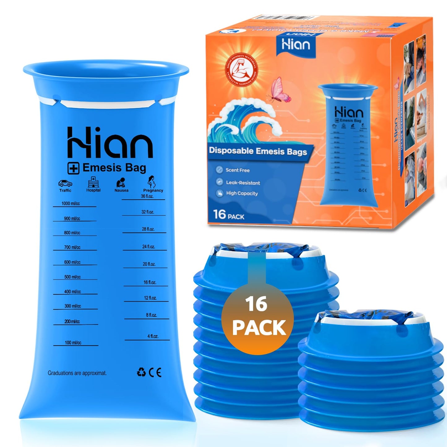 Hion Vomit Bags Disposable – 16 Pack 1000ml Emesis Bags, Leak-Resistant & Portable
