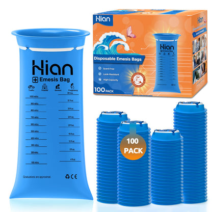 Hion Vomit Bags Disposable – 1000ml, 100 Pack | Leak-Resistant Medical-Grade Emesis Bags for Travel