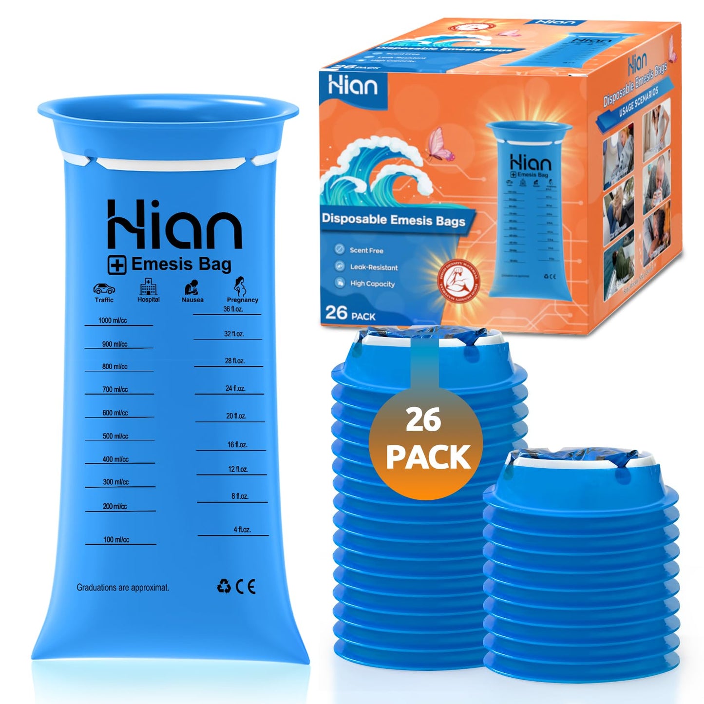 Hion Vomit Bags Disposable – 26 Pack, 1000ml Emesis Bags | Leak-Resistant, Medical-Grade & Portable