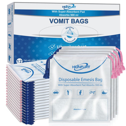 Hionfurt Absorbent Vomit Bag - 12Pcs, 900ml Gel-Form Emesis Bags for Travel