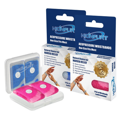 Hionfurt Motion Sickness Bands – Acupressure Nausea Relief (2 Pairs: Cam Blue & Cam Pink)