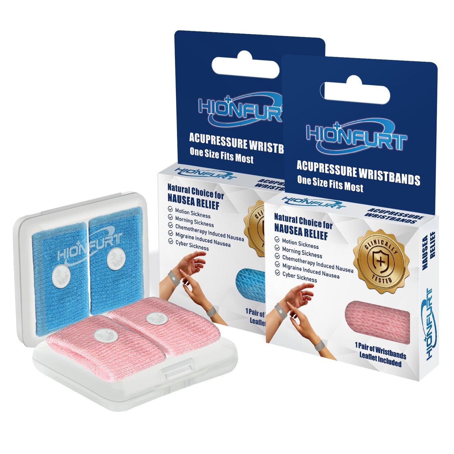 Hionfurt Motion Sickness Bands – Acupressure Wristbands for Travel, Pregnancy & Nausea Relief (2 Pairs, Blue & Pink)