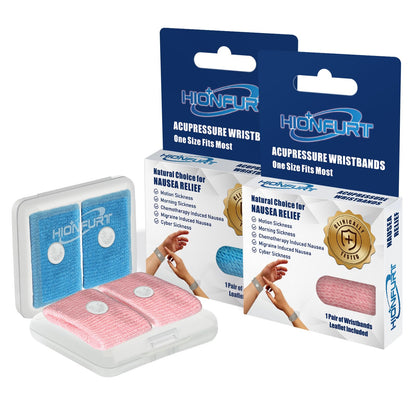 Hionfurt Motion Sickness Bands – Acupressure Wristbands for Travel, Pregnancy & Nausea Relief (2 Pairs, Blue & Pink)