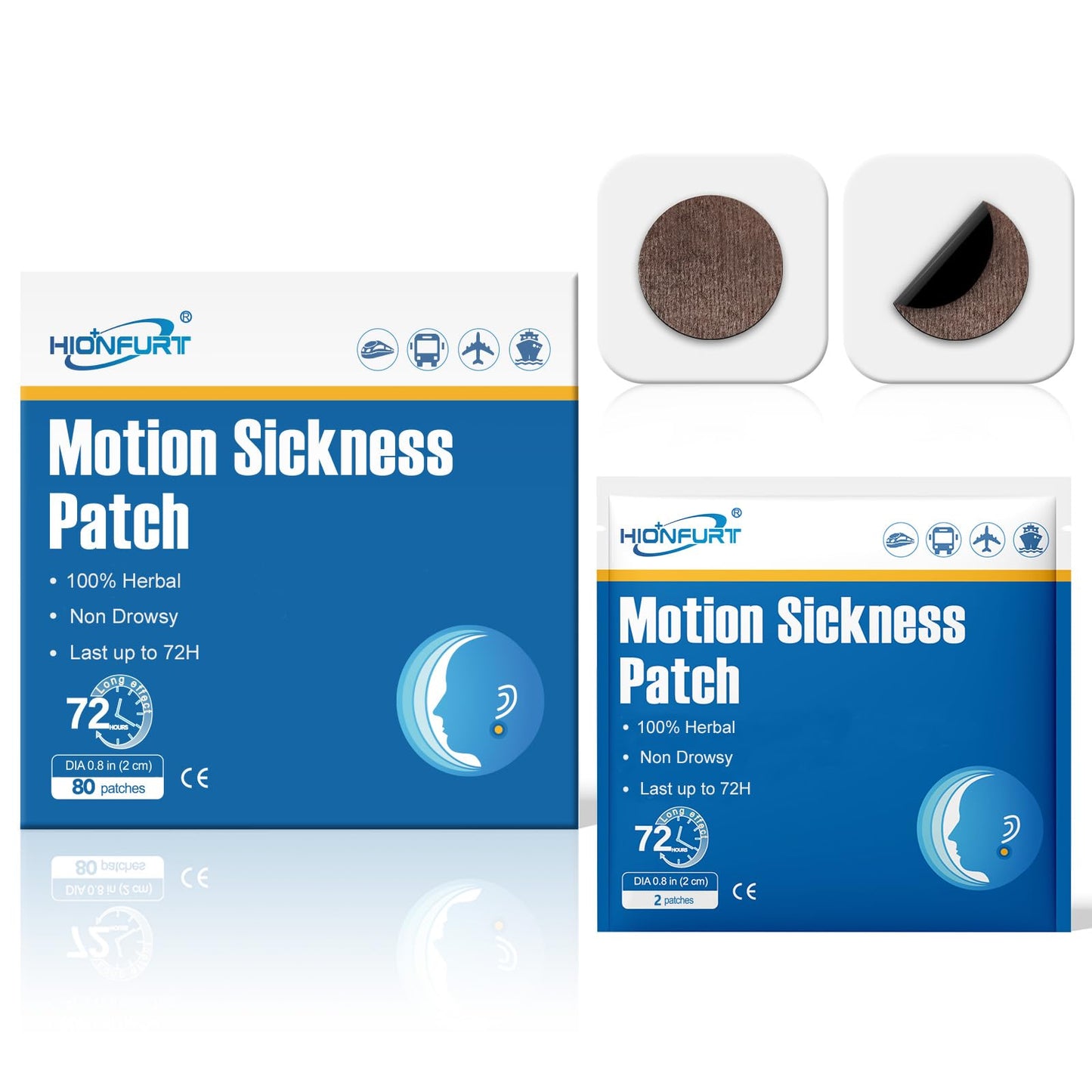 Hionfurt 80ct Motion Sickness Patches – Non-Drowsy, 72-Hour Sea Sickness Patches for Travel