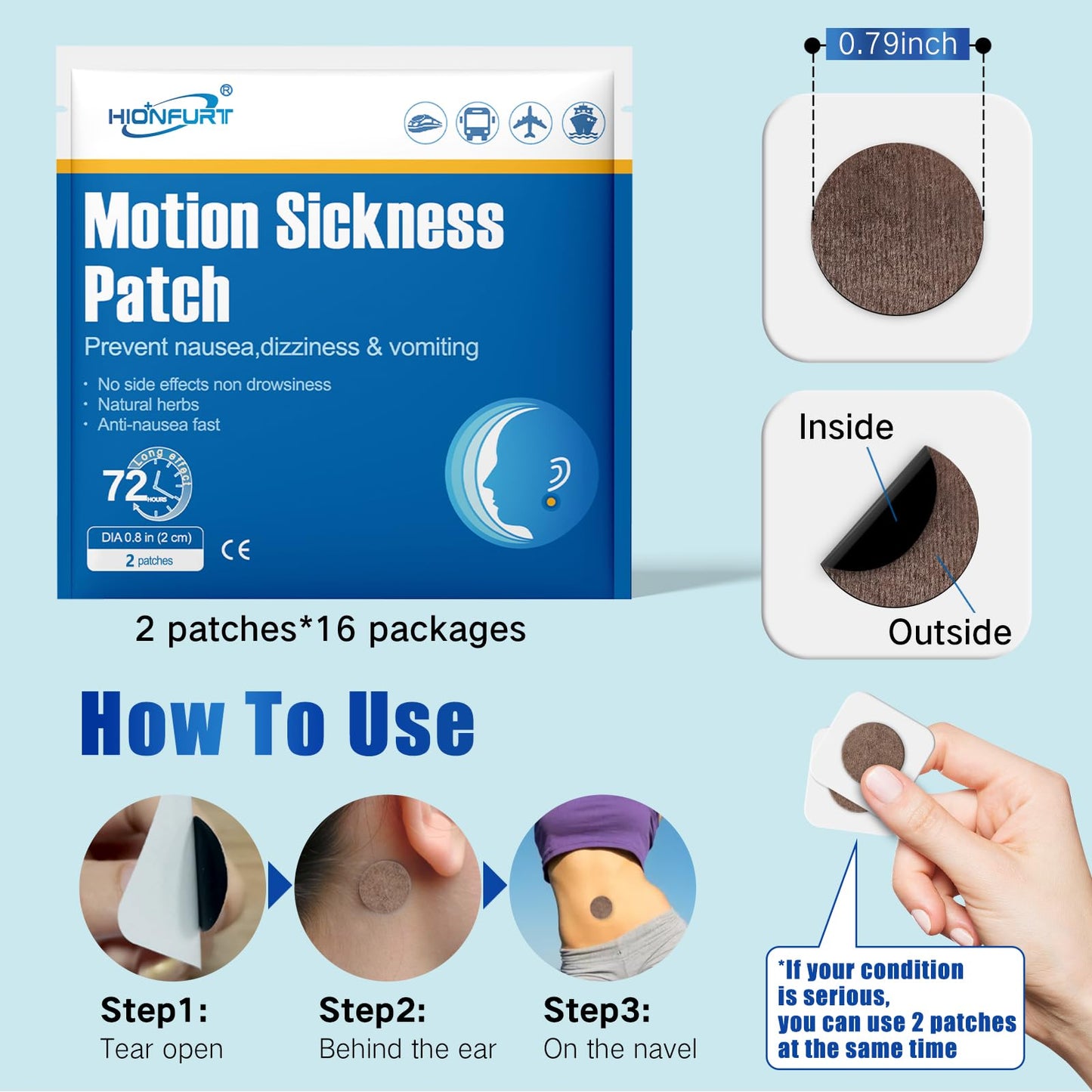 Hionfurt 32ct Motion Sickness Patches – Non-Drowsy, Up to 72 Hours, for Cruise, Car, Air Travel