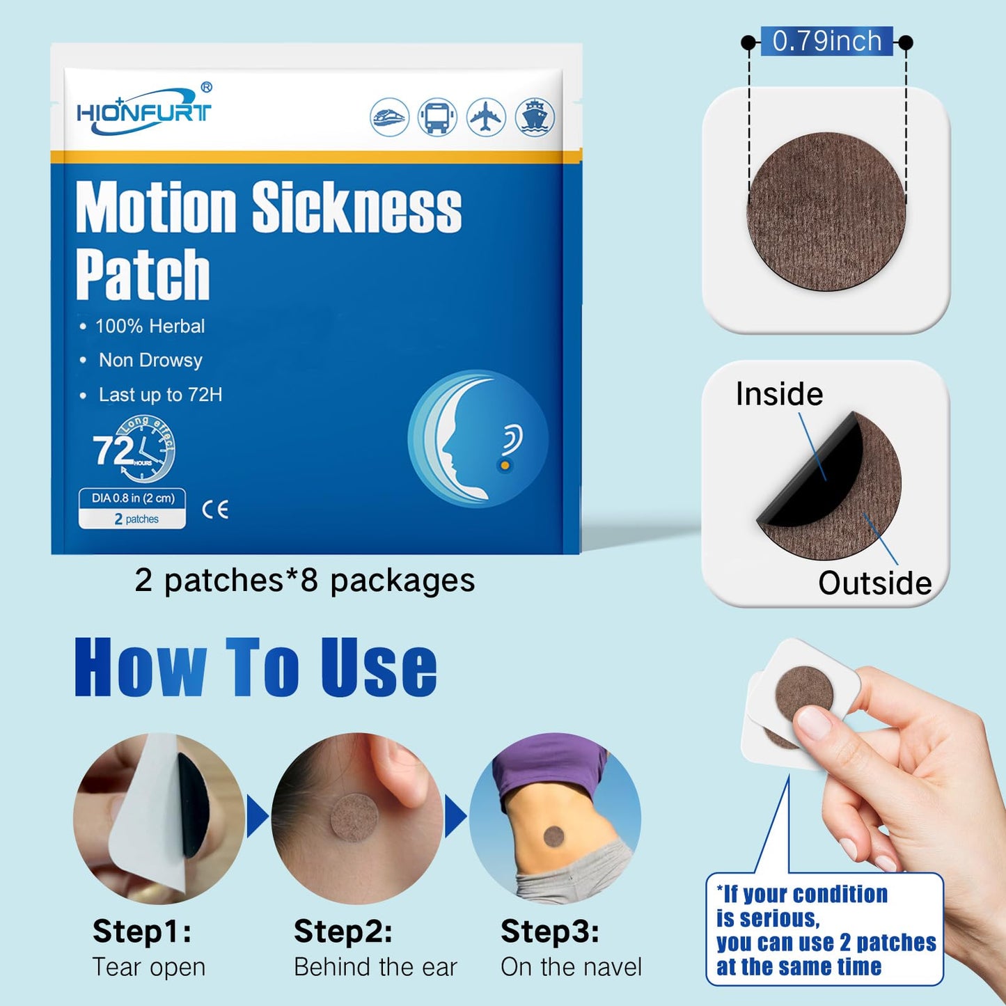 Hionfurt 80ct Motion Sickness Patches – Non-Drowsy, 72-Hour Sea Sickness Patches for Travel