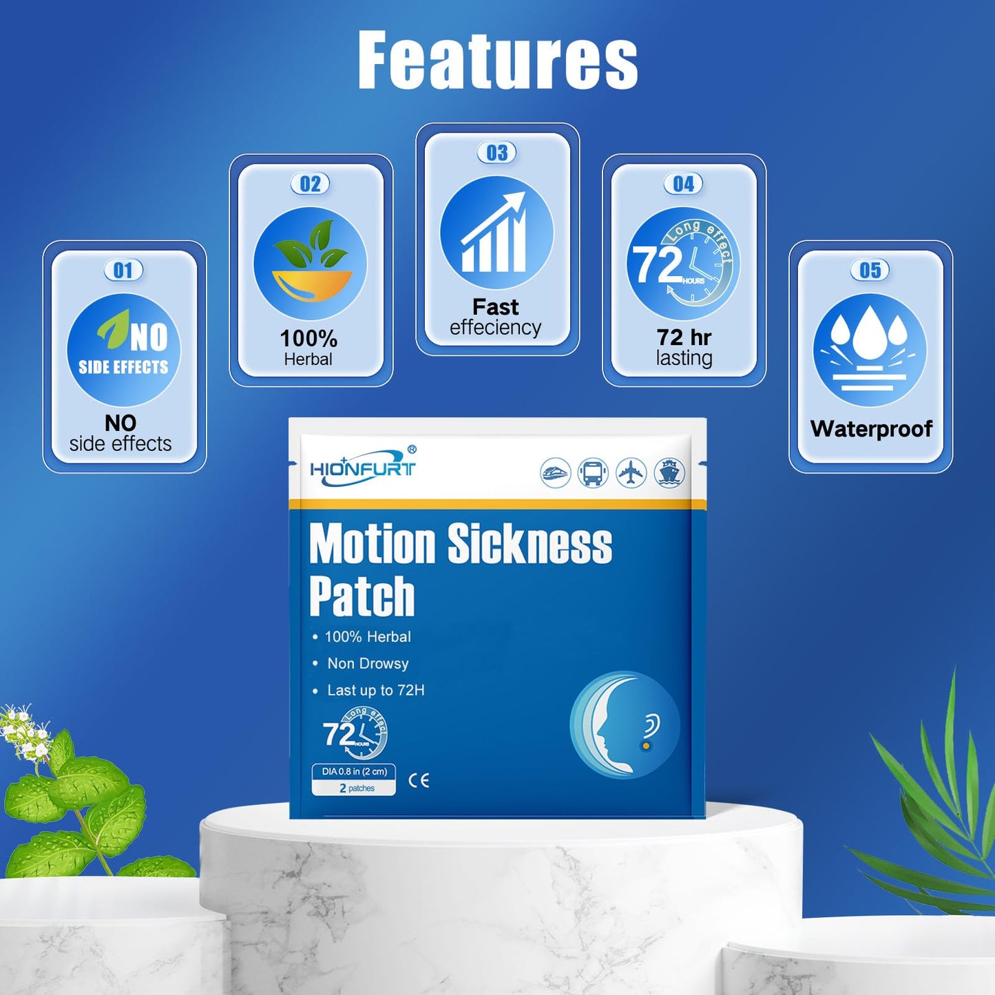 Hionfurt 80ct Motion Sickness Patches – Non-Drowsy, 72-Hour Sea Sickness Patches for Travel