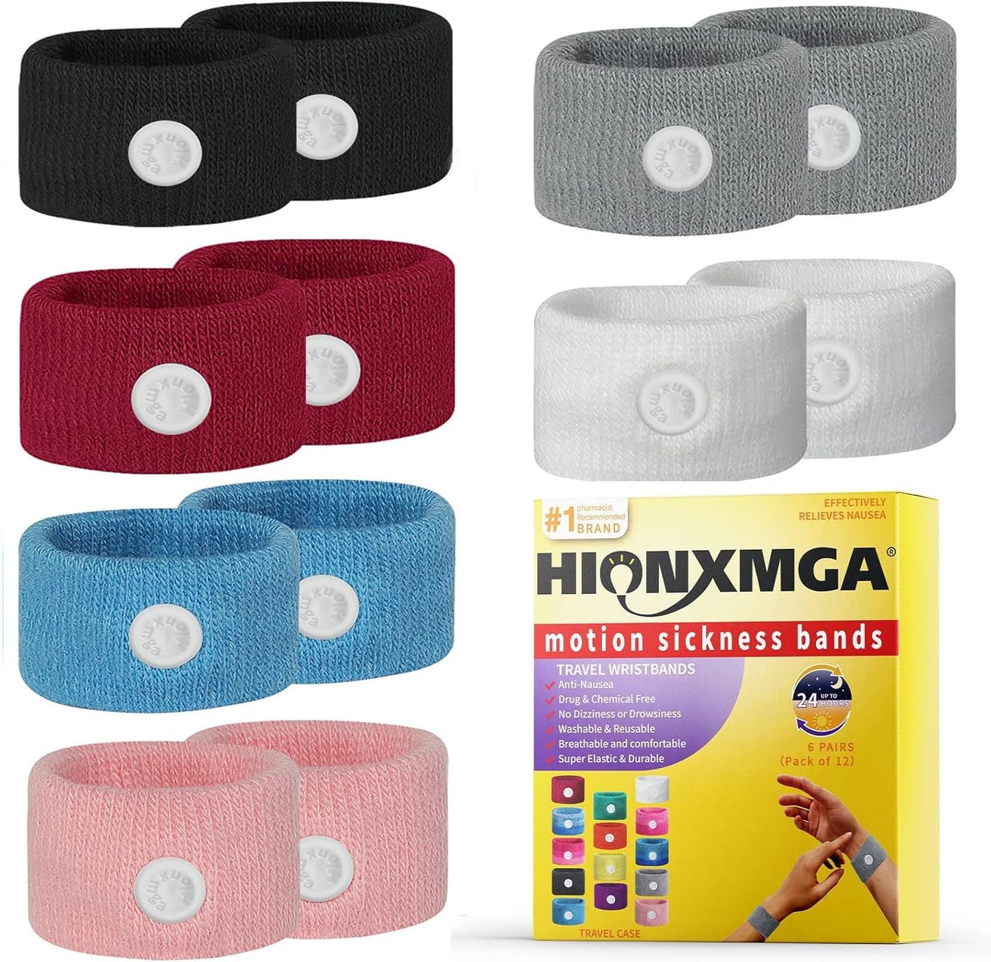 HIONXMGA 6 Pairs Motion Sickness Bands – Natural Acupressure Wristbands for Travel Nausea Relief
