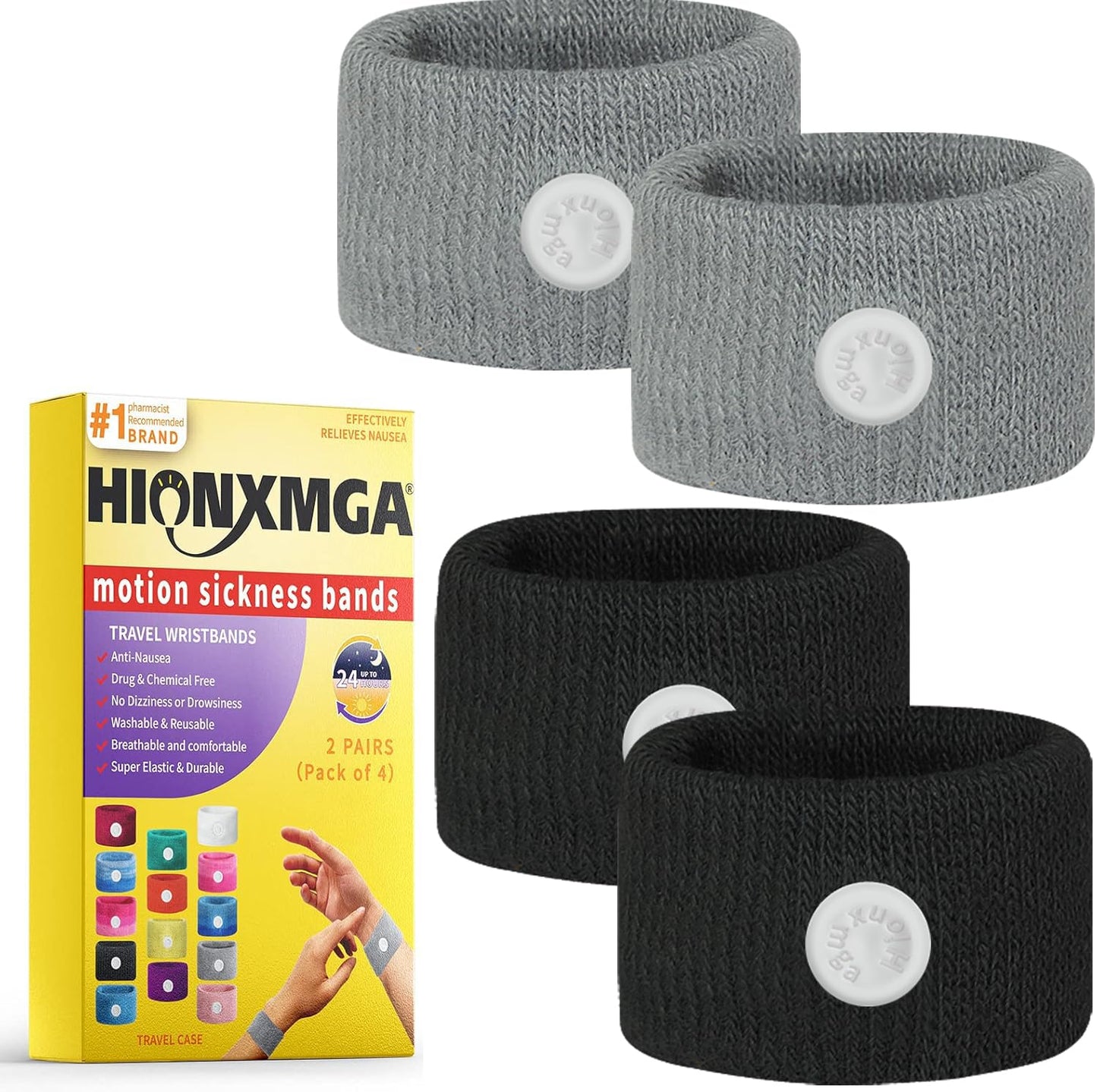 HIONXMGA 2 Pairs Motion Sickness Bands – Natural Acupressure Wristbands for Travel (Adults & Kids)