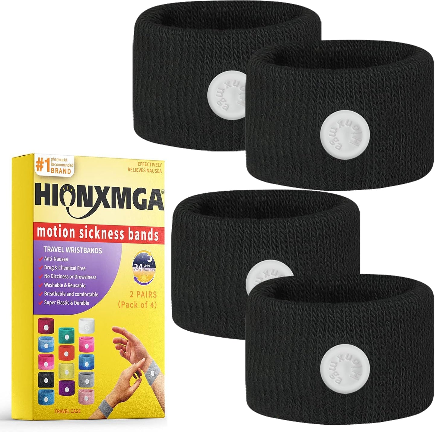 HIONXMGA 2 Pairs Motion Sickness Bands – Natural Nausea Relief, Acupressure Wristbands for Travel